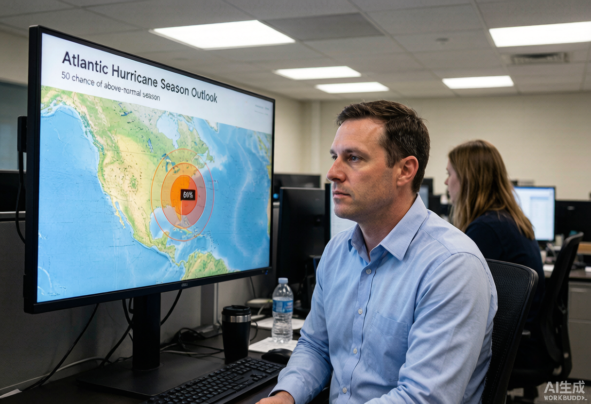 A meteorologist reviews a large Atlantic hurricane season outlook display in a weather operations center.