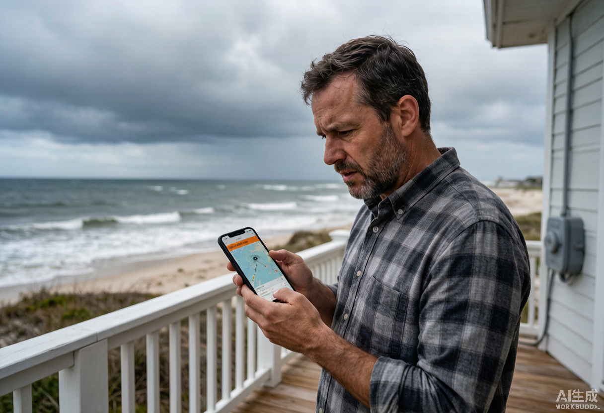 A coastal resident in a plaid shirt checks a hurricane alert on his smartphone while standing on a wooden deck overlooking an overcast Atlantic coastline, grey storm clouds gathering on the horizon.