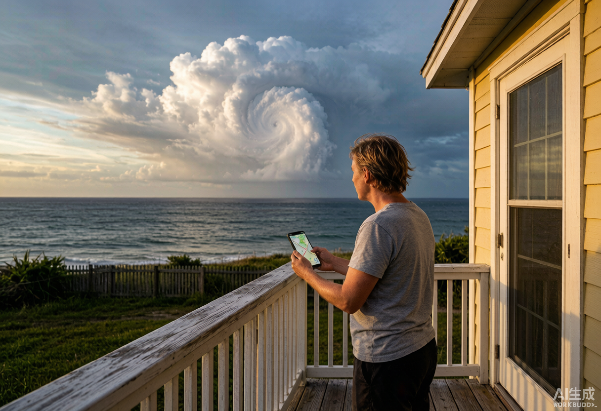 A resident stands on a porch looking at a distant hurricane spiral on the ocean horizon while holding a phone with a map.