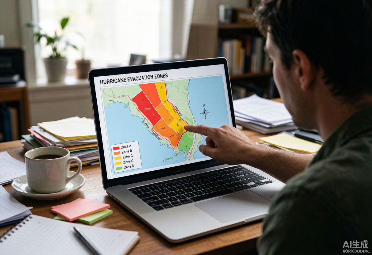 A person views a color-coded coastal hurricane evacuation zone map on a laptop and points at the screen.