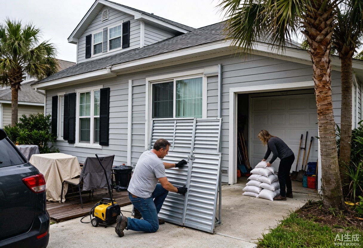 Homeowners install storm shutters and stack sandbags while preparing a coastal home for an approaching hurricane.