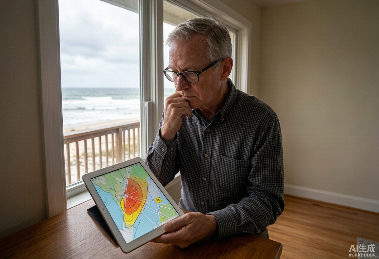 A resident holds a tablet showing a hurricane forecast cone map, standing by a window with a coastal view behind.