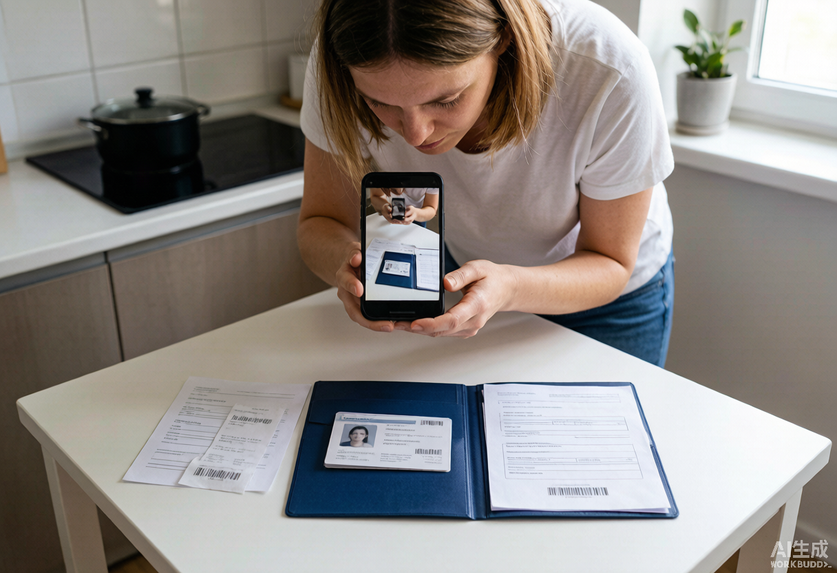 A person photographs home belongings with a smartphone for insurance while an insurance folder and ID cards sit on the table.