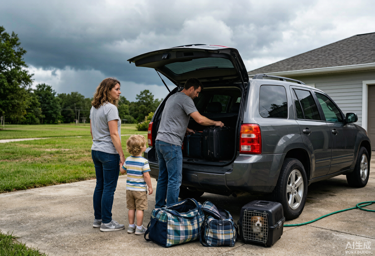 A family loads go-bags and a pet carrier into an SUV while preparing to evacuate before a hurricane.
