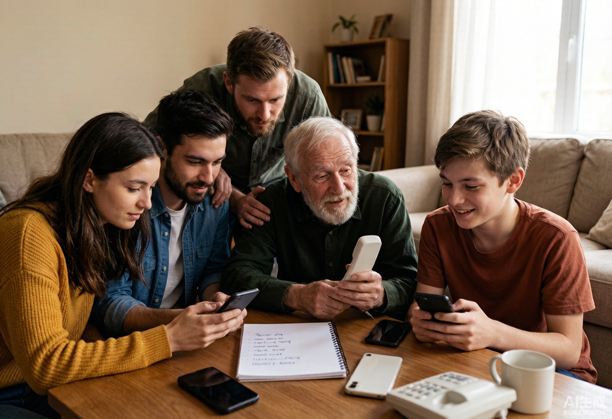 A multigenerational family plans communication together, smartphones and a handwritten contact list on the table.