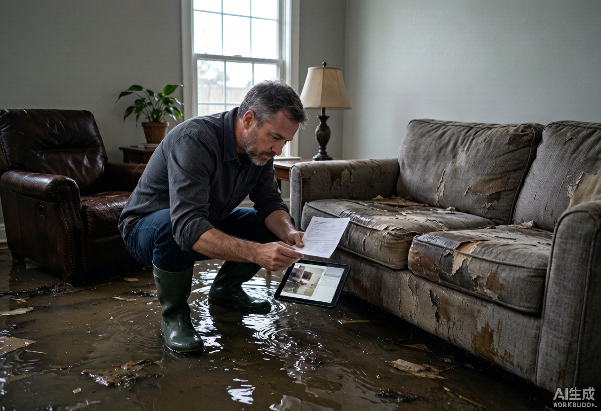 A coastal homeowner reviews a digital flood zone map with property documents on a desk.