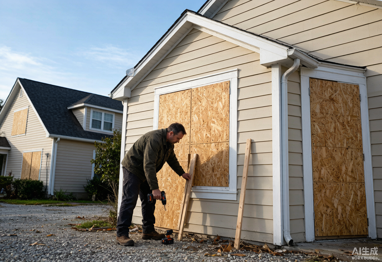 A homeowner securing plywood storm panels over windows and bracing a garage door while preparing a coastal house for an approaching hurricane.