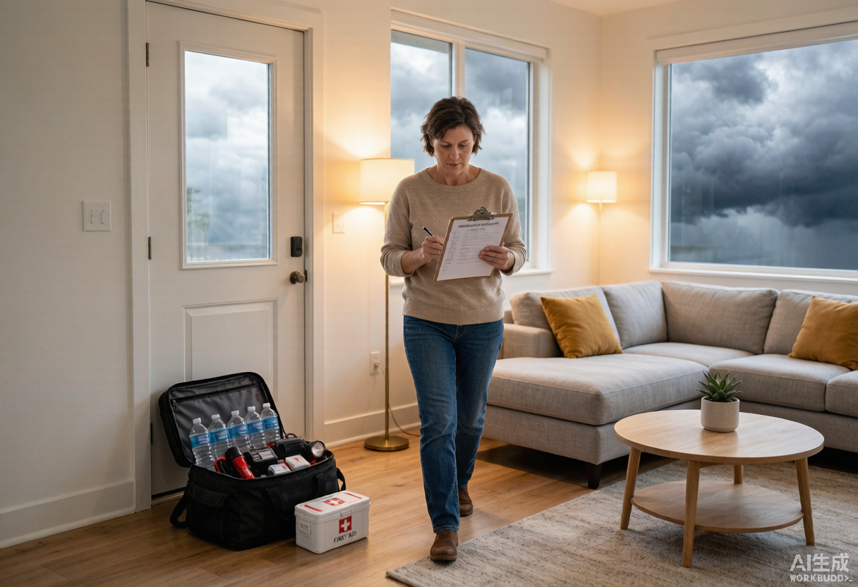 A homeowner walks through a bright living room with a clipboard, checking hurricane preparedness items while an emergency kit stands ready by the door.