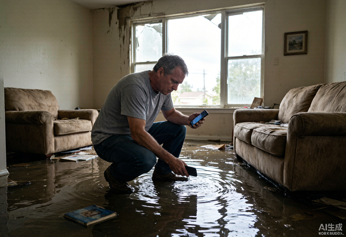 A homeowner documents storm damage with a smartphone in a living room where rain water has soaked the floor and furniture is pushed aside.