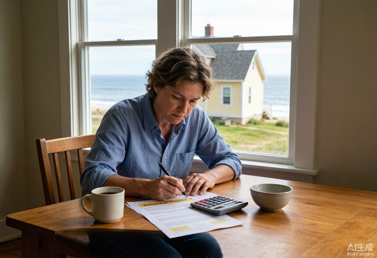 A homeowner reviews an insurance policy document with a calculator and pen at a dining table, coastal house visible through the window.
