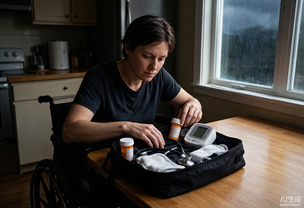 A person using a mobility aid reviews a medical go-bag with prescription medicines and durable medical equipment during hurricane planning at home.