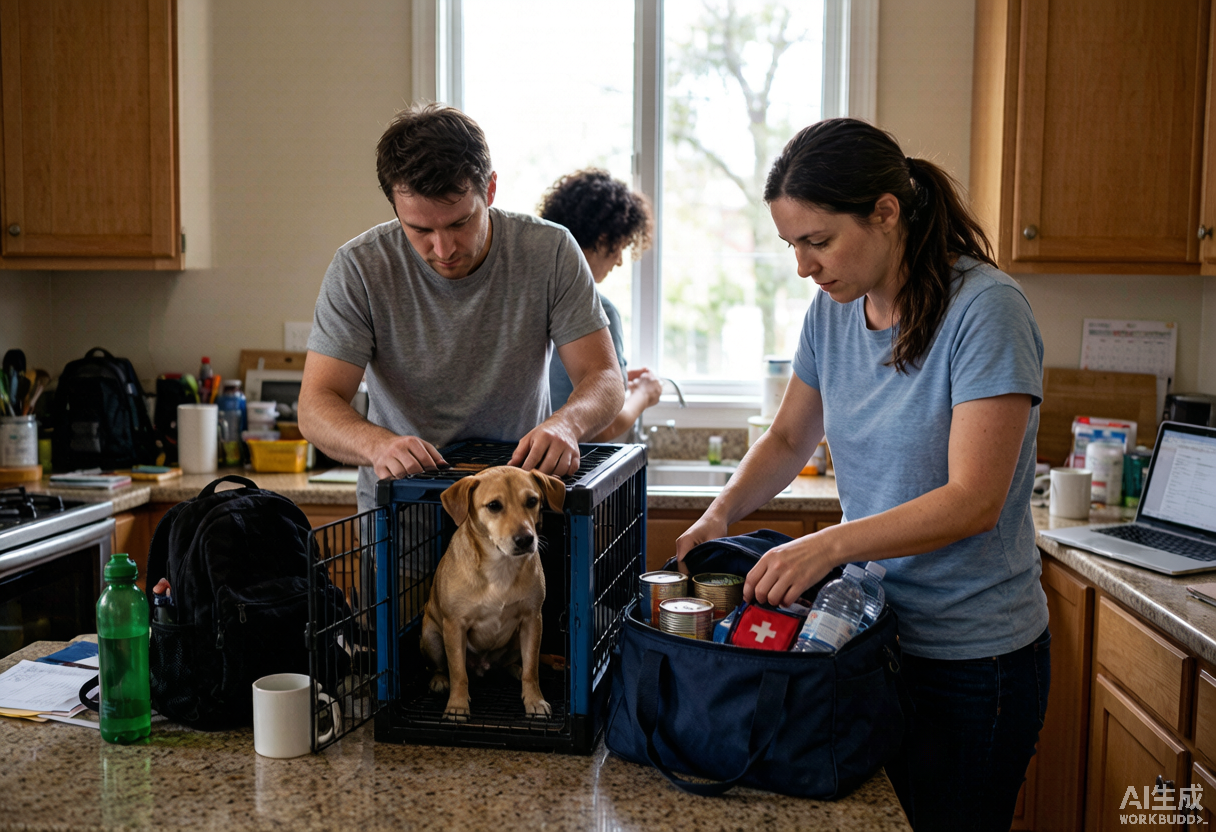 A family secures a dog in a crate while packing an emergency pet bag during hurricane preparations at home.