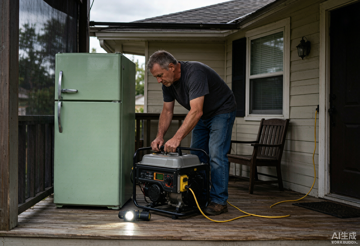 A portable generator runs outdoors after a hurricane power outage while a home stays safely in the background.