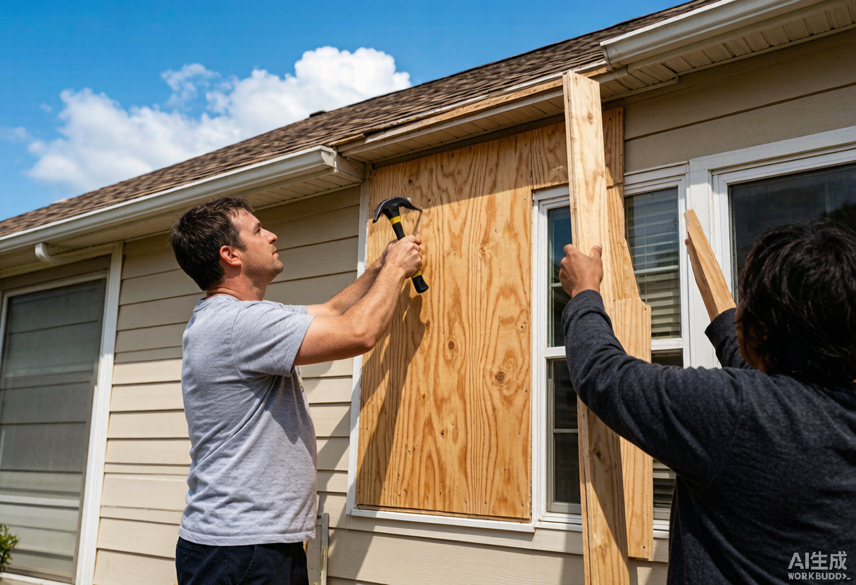 A homeowner nails plywood storm shutters over windows while a neighbor helps, staged 48 hours before a storm.
