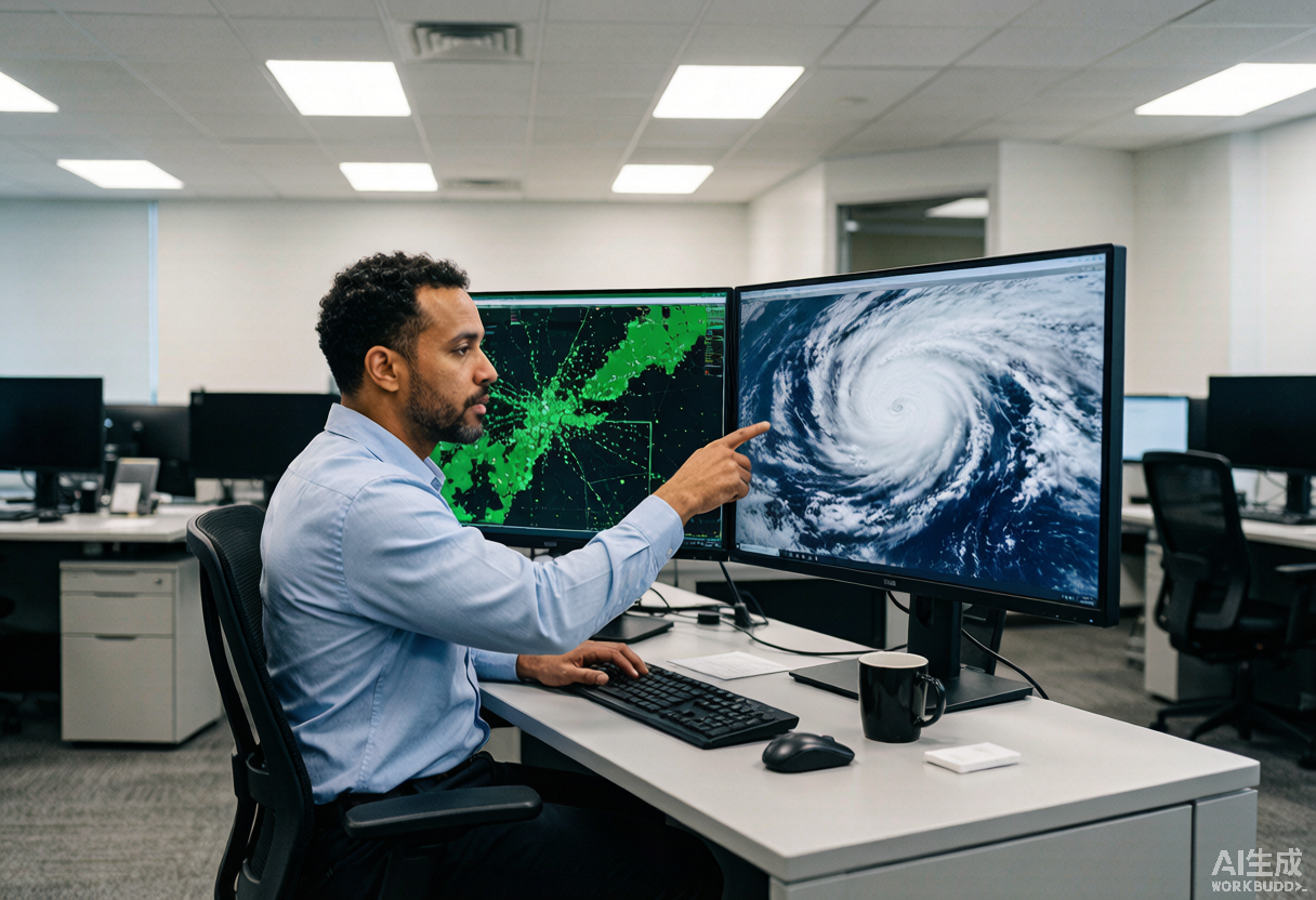 A meteorologist compares a green Doppler radar display and a satellite cloud spiral on dual monitors.