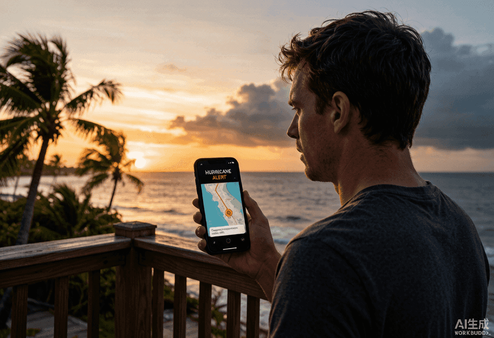 A coastal resident checks hurricane satellite imagery and forecast information on a phone before a storm.
