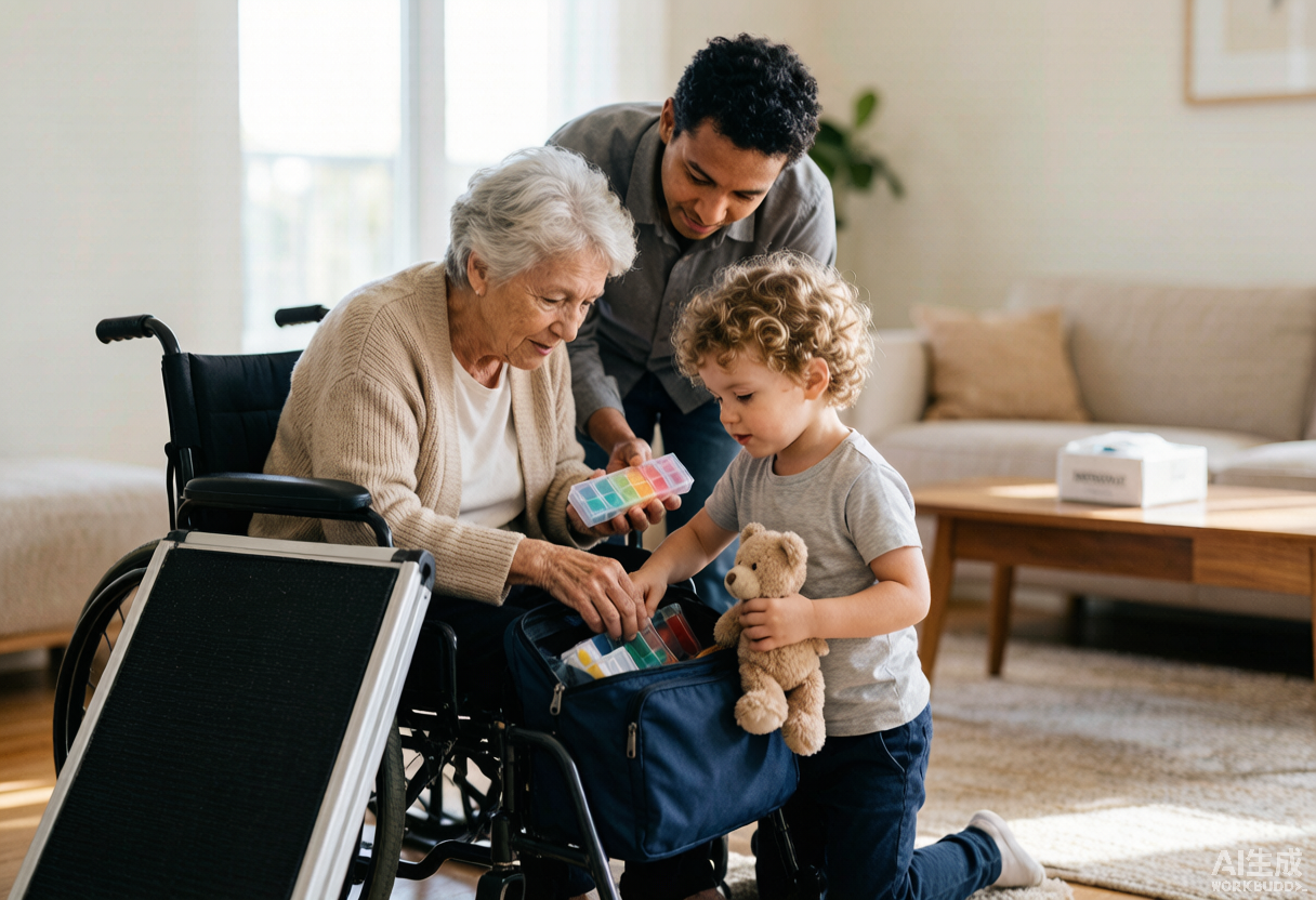 A family with an older adult in a wheelchair and a young child packs an emergency go-bag together in a bright living room before a hurricane.