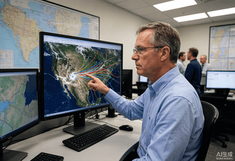 A meteorologist points at a computer monitor showing colorful spaghetti model forecast tracks radiating from a hurricane position in a NOAA operations center.