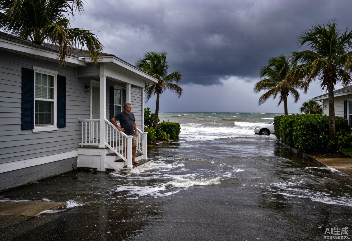 A resident stands on a porch watching storm surge seawater rising over a coastal residential street while dark hurricane clouds gather over the ocean.