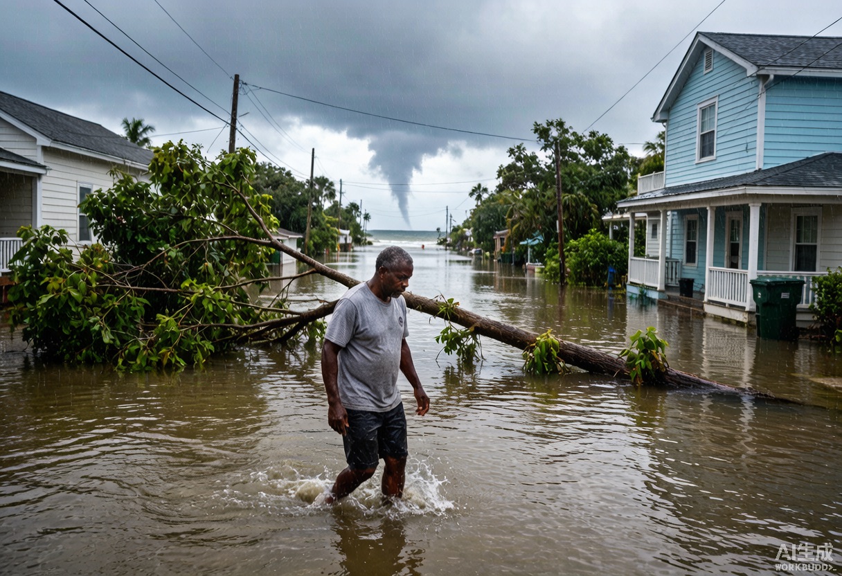 A resident wades through a flooded inland street after a hurricane, a downed tree across the road and a distant funnel cloud on the horizon.