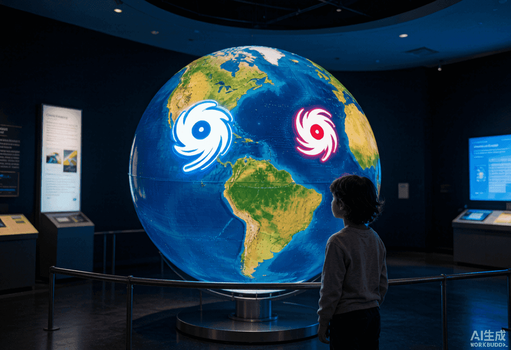 A child stands in a museum in front of a large illuminated globe showing glowing hurricane symbols over different ocean basins.