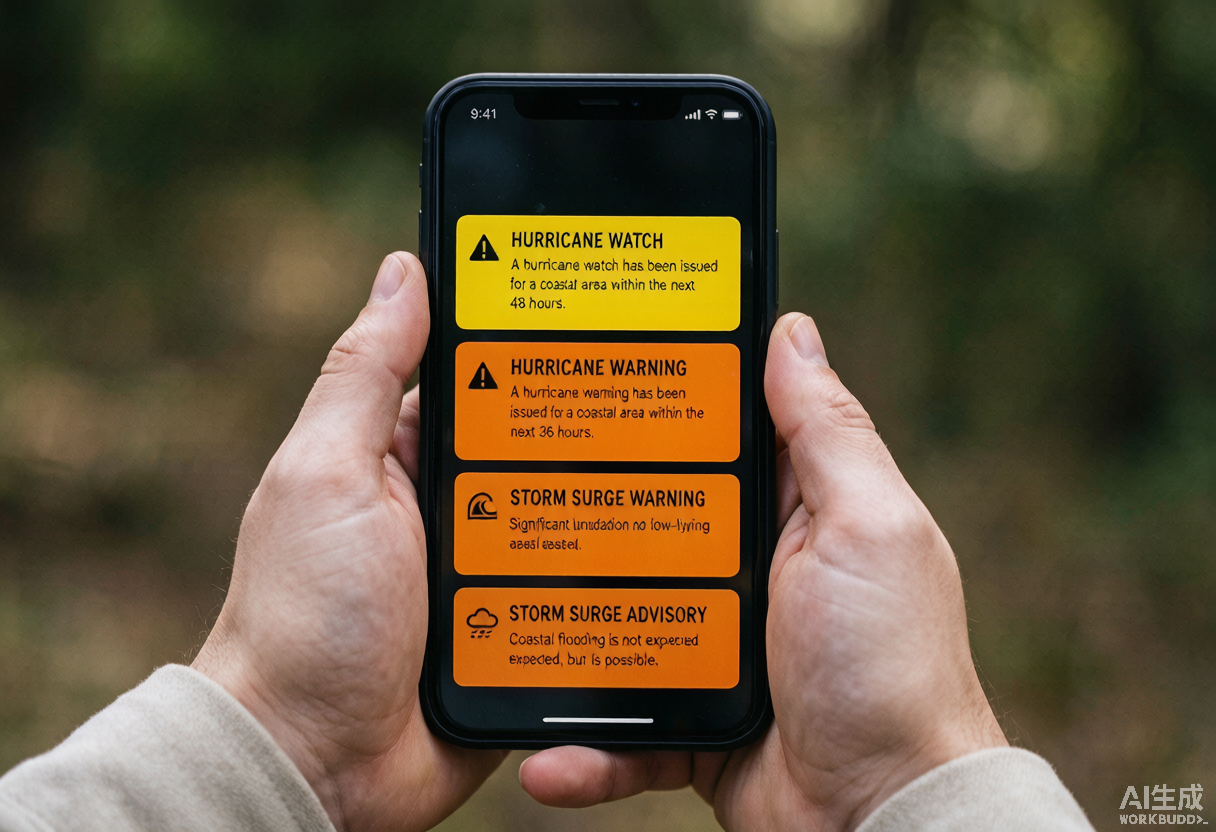 Close-up of hands holding a smartphone showing color-coded NWS alert banners for watch, warning, surge, and advisory.