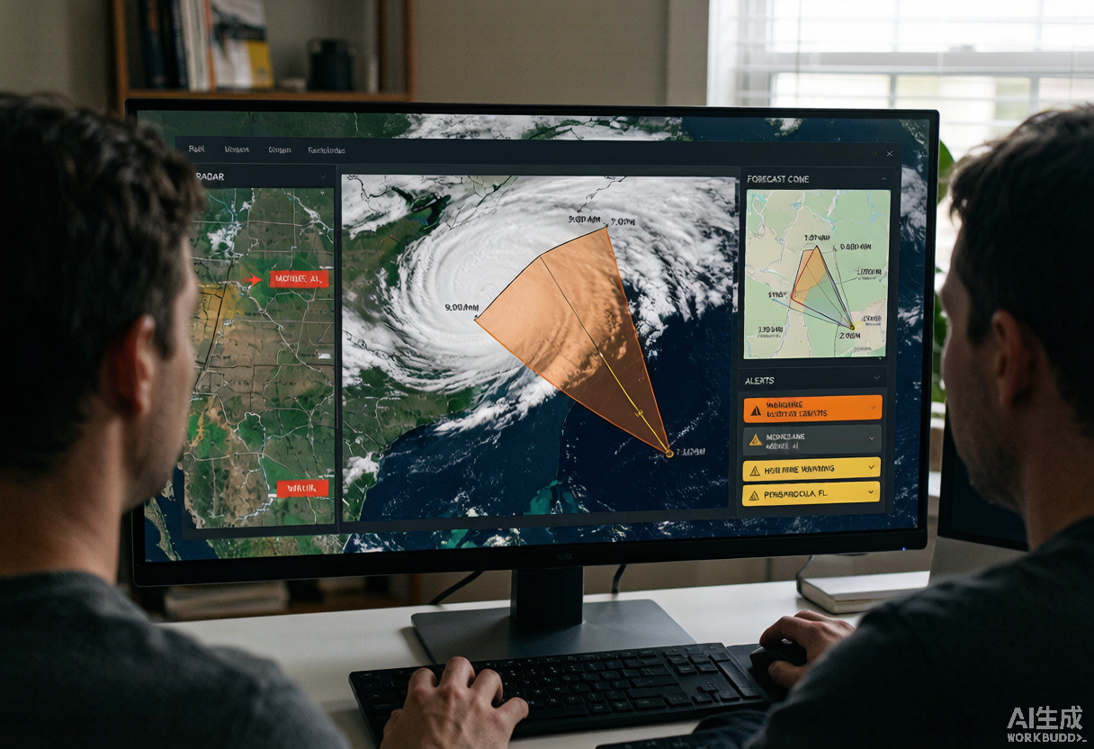 A person views a live hurricane tracking dashboard on a large monitor showing satellite, radar, and a forecast cone.