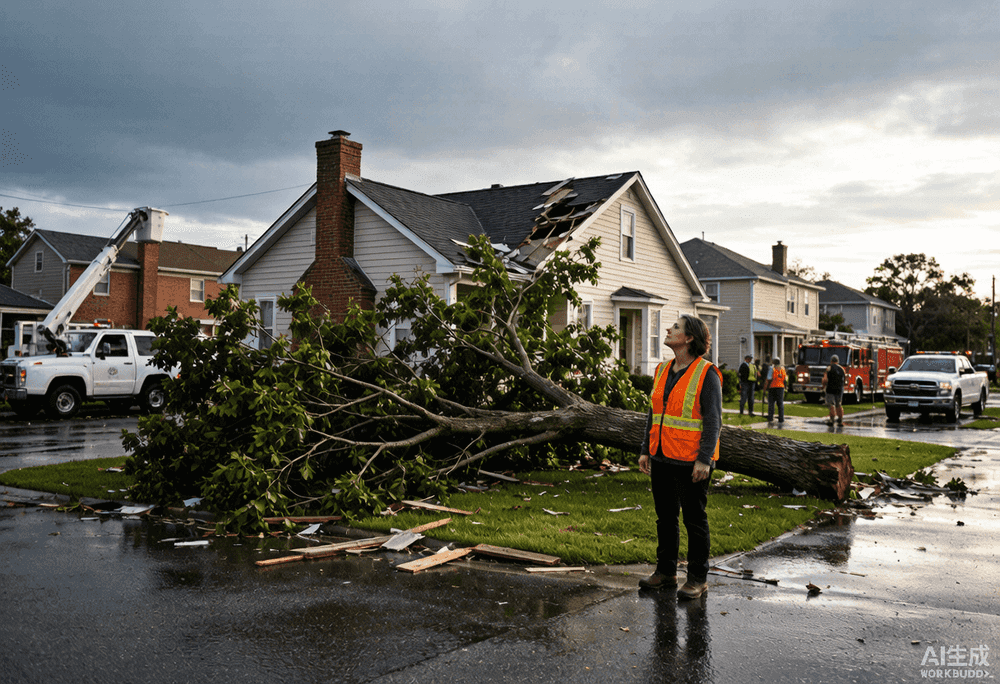 A woman in a safety vest surveys hurricane damage in a residential neighborhood with a fallen oak tree, damaged roof, and emergency vehicles in the background.