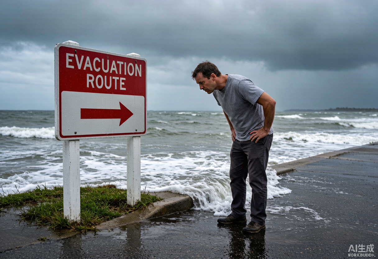 A coastal homeowner studies an evacuation route sign while seawater begins lapping at the yard.