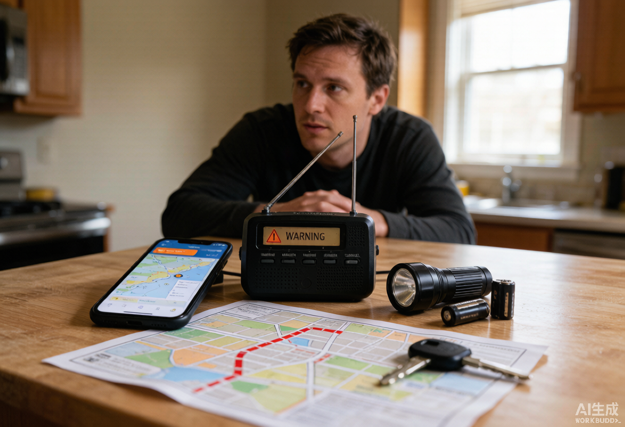 A kitchen counter with a smartphone showing weather alerts, a NOAA weather radio, flashlight, batteries, and an evacuation map.