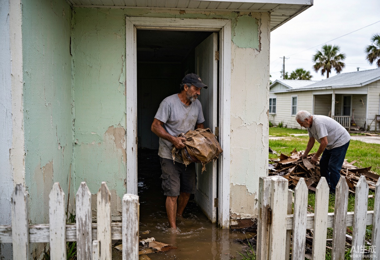 A homeowner carries water-damaged belongings out of a flood-damaged house after a hurricane while a neighbor stacks storm debris.