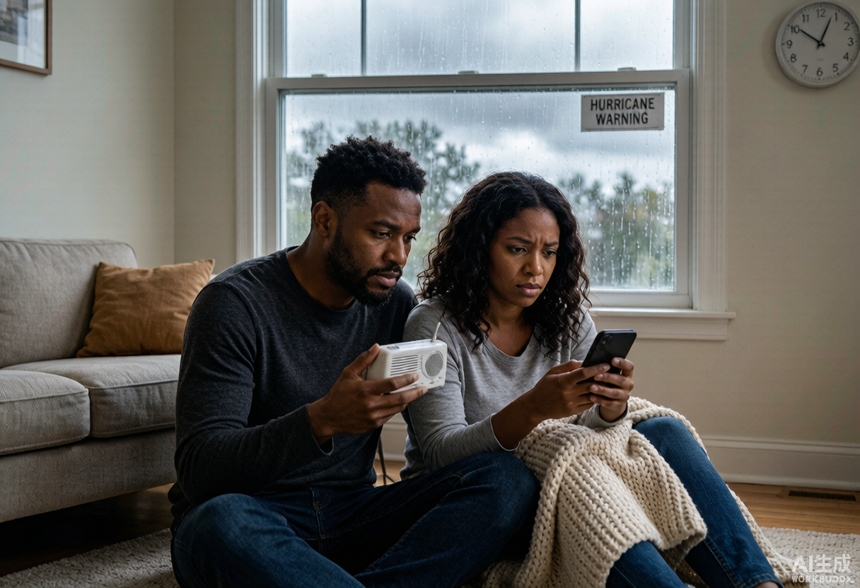 A couple sits in a living room during a hurricane warning, listening to a weather radio and checking a smartphone as rain streaks the window.